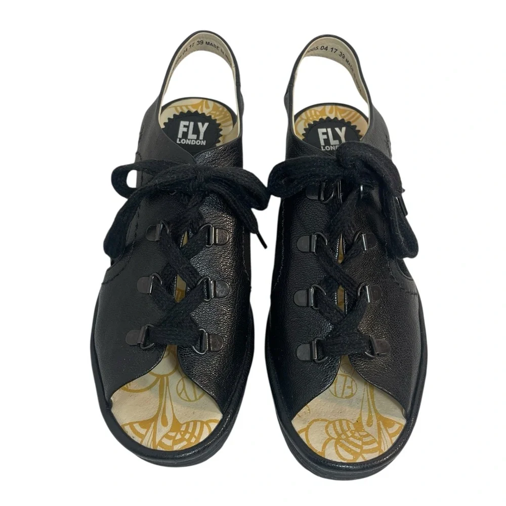 FLY London Ylfa Black Lace-Up Leather Wedge Sandals Women’s Size EUR 39 US 8-8.5